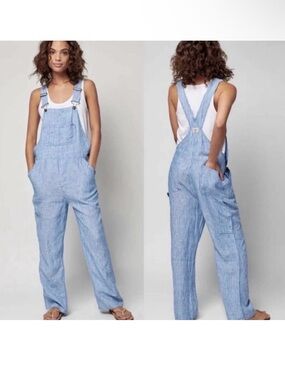 Faherty Linen Mechanic Railroad Sky Blue Striped Women's Overalls Workwear